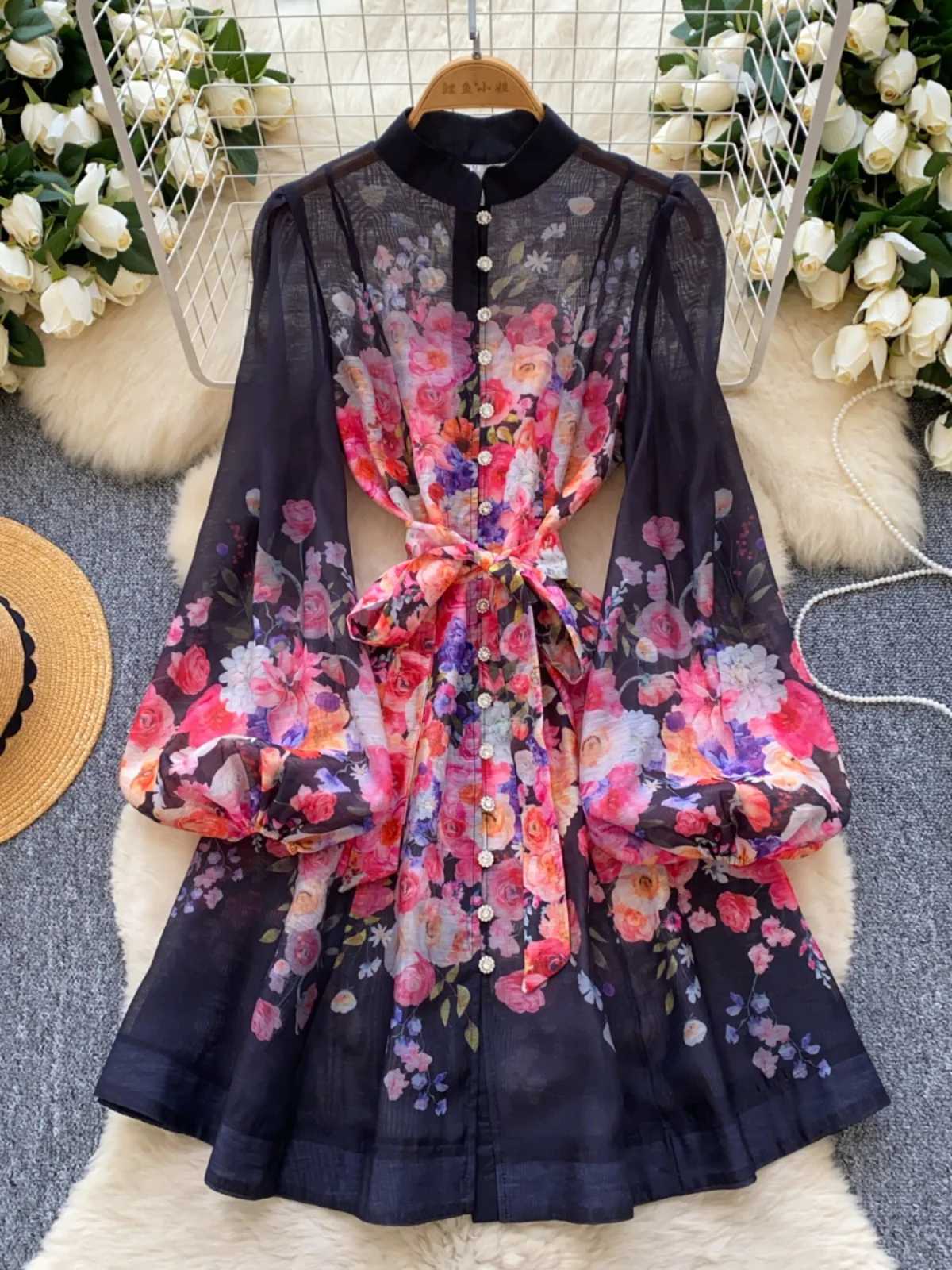 French Court Style Vintage Lantern Sleeve Dress Pearl Single Breasted Belt Slim Waist A-line Big Swing Robe Spring Chic Vestidos X260306