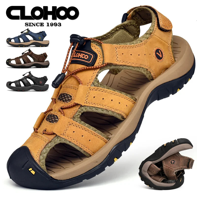 CLOHOO Mens Sandals Handmade Thick Bottom Rubber Breathable Casual Slip-On Beach Shoes Leather Upgraded Version 260227