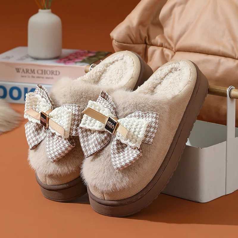 Winter Warm Slippers for Women Cute bow House Non Slip Soft Shoes Comfort Flat Heel Home Indoor Bedroom Plush Slippers S260305