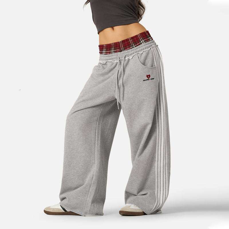 European and TK cross-border American retro striped embroidered sports casual pants, loose fit, unisex, double waistband, faux two-piece sweatpants