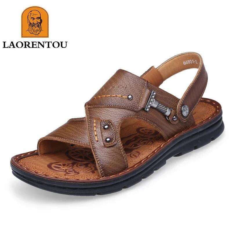 LAORENTOU leather male casual beach shoes wear non-slip sandals and sliers cowhide