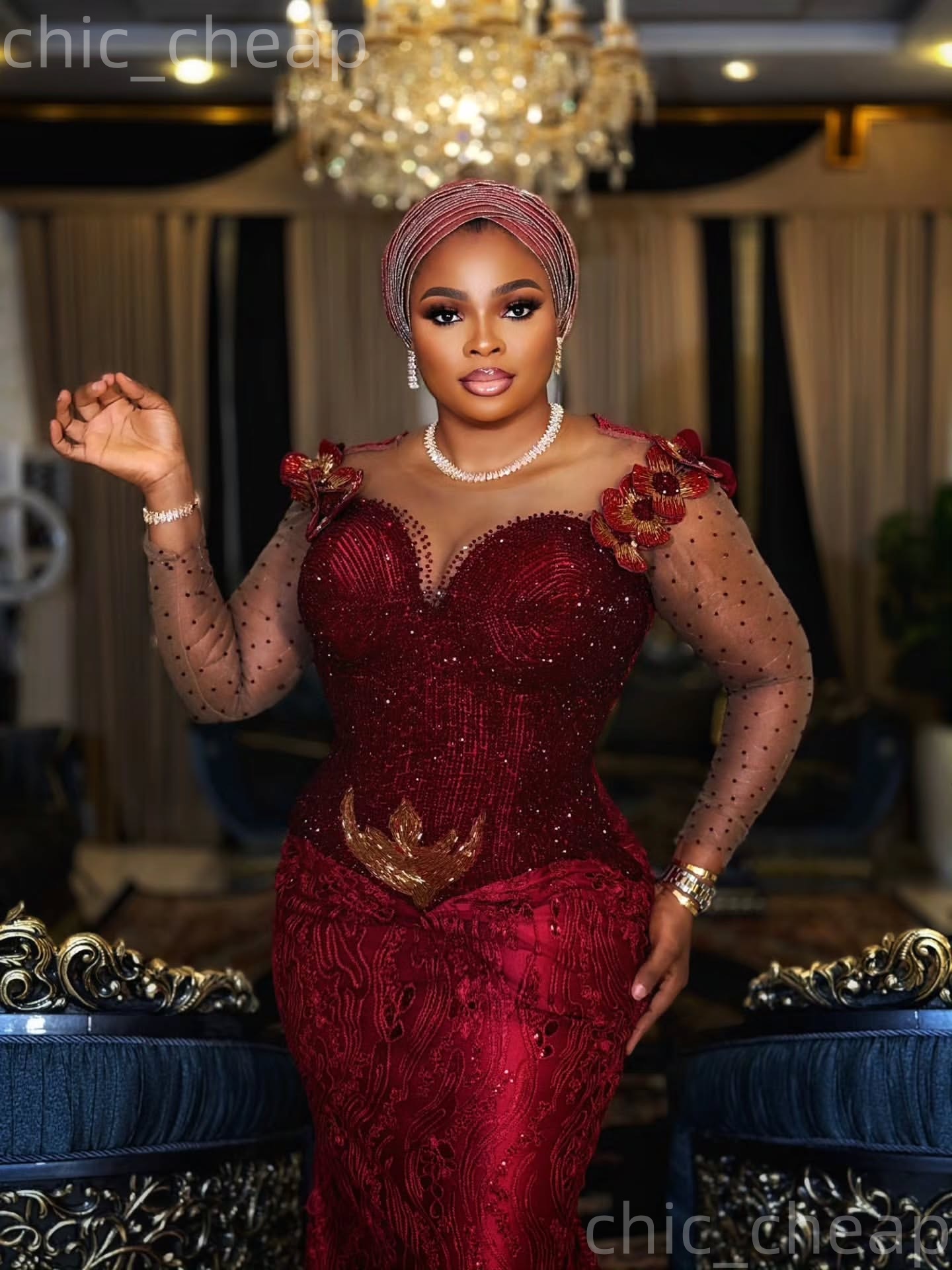 Aso Ebi Dark Red Prom Dress 2026 Mermaid Prom Dress Beaded Flowers Sheer Neck Evening Dresses For Black Women Birthday Party Formal Receiption Gowns D