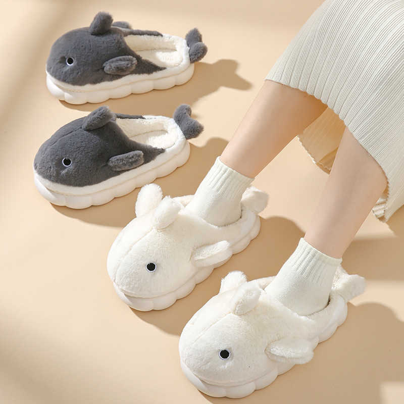 Cute Whale Cotton Slippers Female Winter Couple Indoor Home Mens Winter Cartoon Wool Slippers S260305