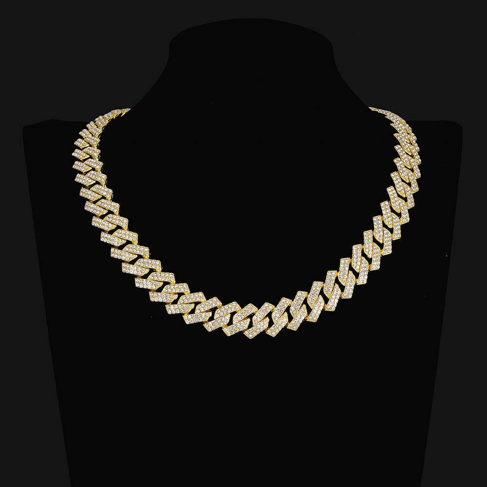 Cross-border bestseller Cuban chain 15mm diamond-shaped mirror-finish metal alloy necklace with diamonds for men and women, high-quality