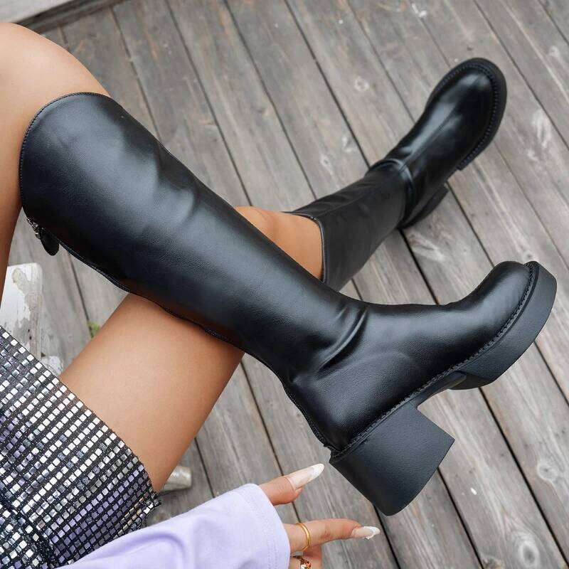 2025 Winter New Back Zipper High Heels Solid Color Comfortable Soft Bottom Fashion Casual Women's Boots