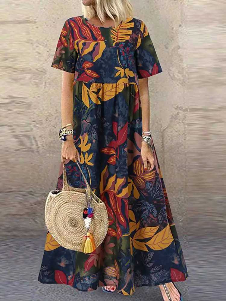 ZANZEA 2023 Vintage Printed Dress Womens Summer Sundress Casual Short Sleeve Maxi Vestidos Female O Neck Floral Robe Femme X260306