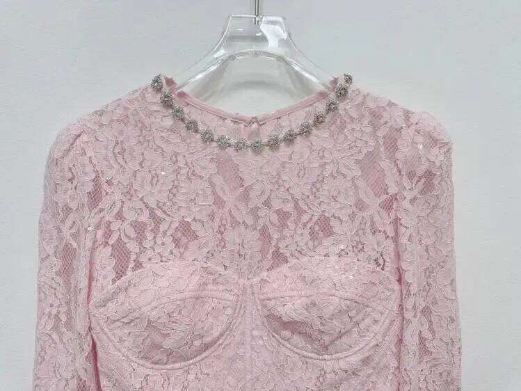 Luxury Summer Bead Crystal Sexy Perspective Eyelash Lace Long Dress Women Evening Short Sleeve Pencil Party Midi Dresses Mdng260306