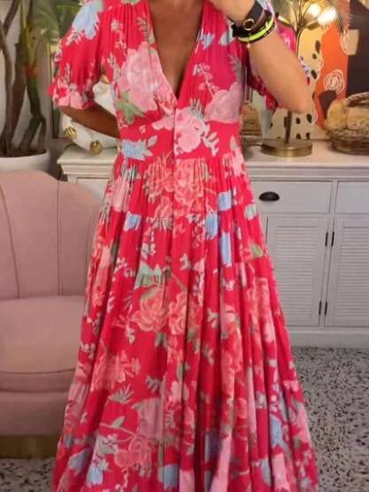 2026 New Plus Size Super Elegant High-Stretch V-Neck Floral for Beach Vacation, Loose Long Dress