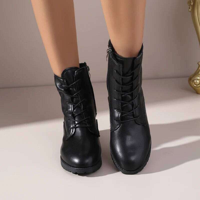 2025 Winter Korean-Style Genuine Soft Leather Ankle Boots - Chunky Heel, Round Toe, Lace-Up, Comfortable