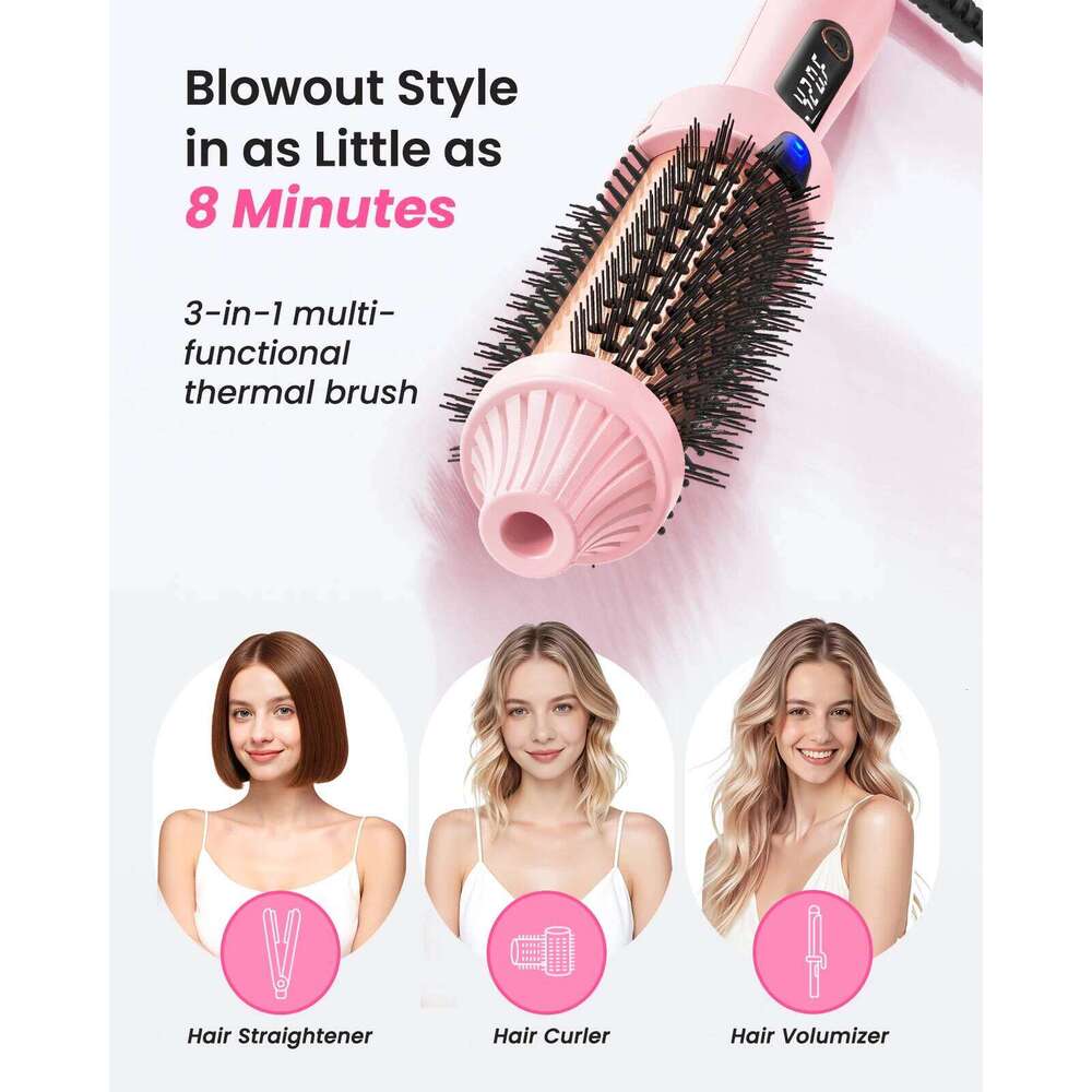 Ionic Thermal Brush Dual Voltage 6 Temperature Settings & LED Digital Display For Curling And Straightening Hot Air Styler 26Y0306