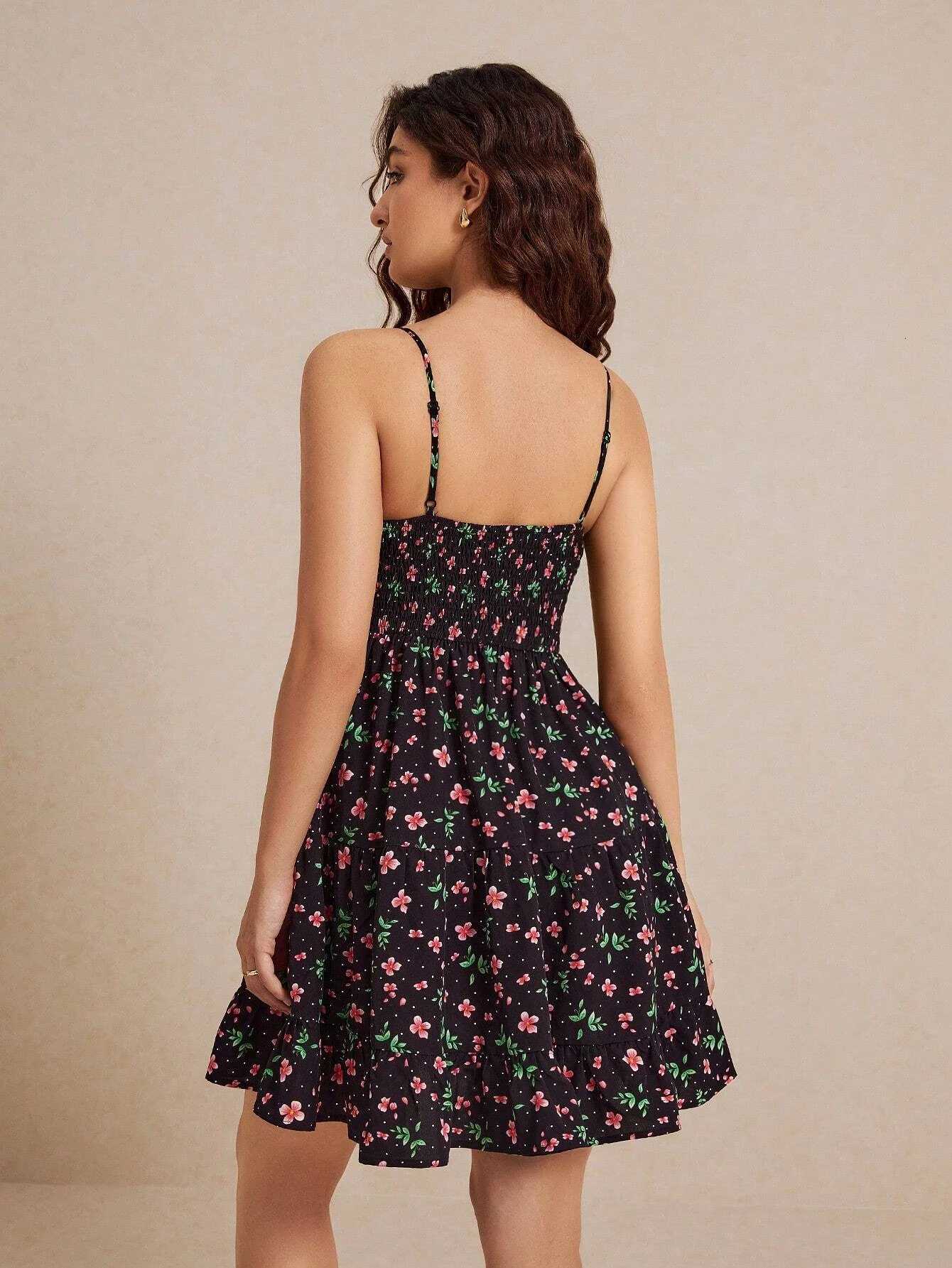 Elegant Floral Slim-Fit Ruched Cami Dress Exquisite Craftsmanship Versatile Perfect for Daily Commute Dates Trips X260306