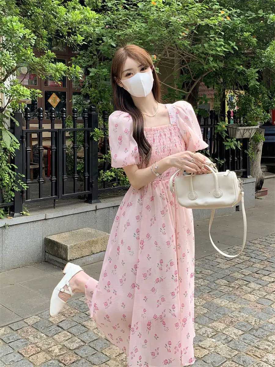 Gentle Floral Square Collar Female Temperament Waist-hugging A-line Puff Sleeve Dress X260306