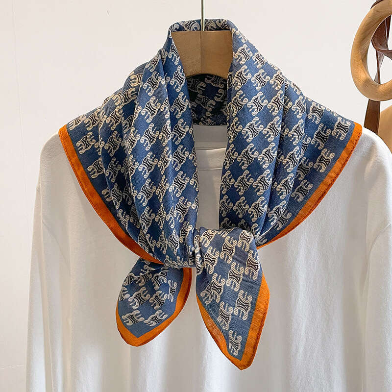 Blue Letter 70 Square Silk For Women Internet Celebrity Spring And Autumn Thin Small Neck Cotton Linen Scarf Mom's Gift Shawl