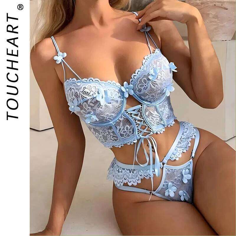 Toucheart Lingerie Strap Underwire Bra For Women Sexy Beaded 3D Flower Hollow Out See-through Lace Up Underwear Set