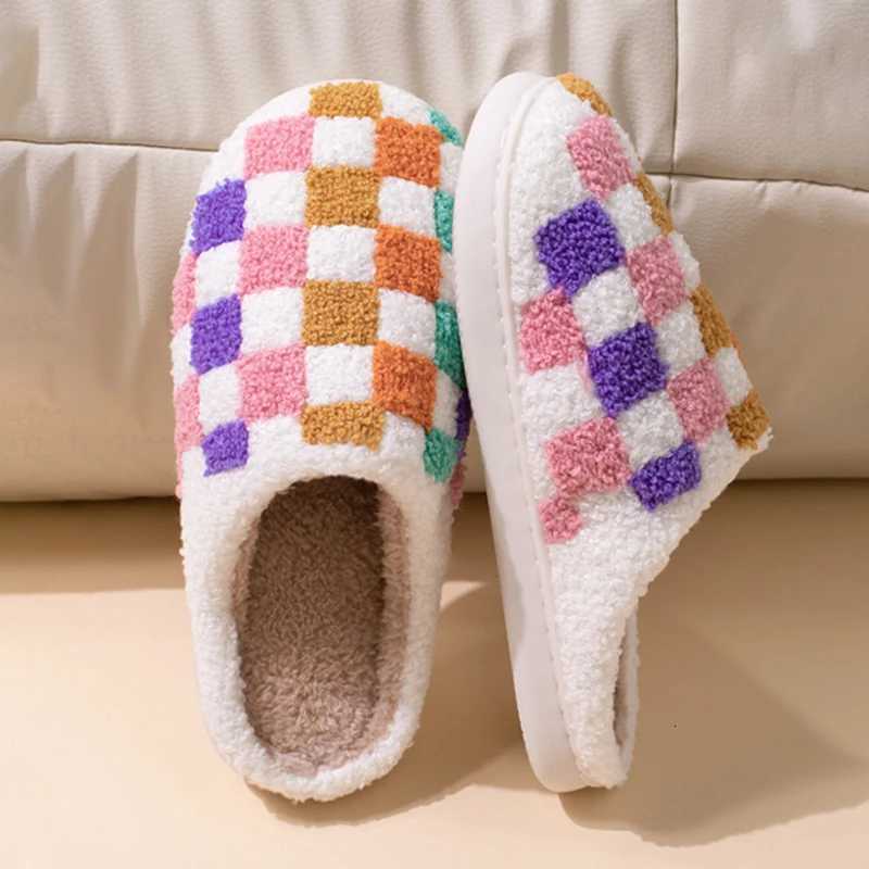Fashion Mixed Color Plaid Cotton Slippers Women Comfort Soft Sole Plush Home Slides Woman 2025 Indoor Non Slip Fluffy Slippers S260305