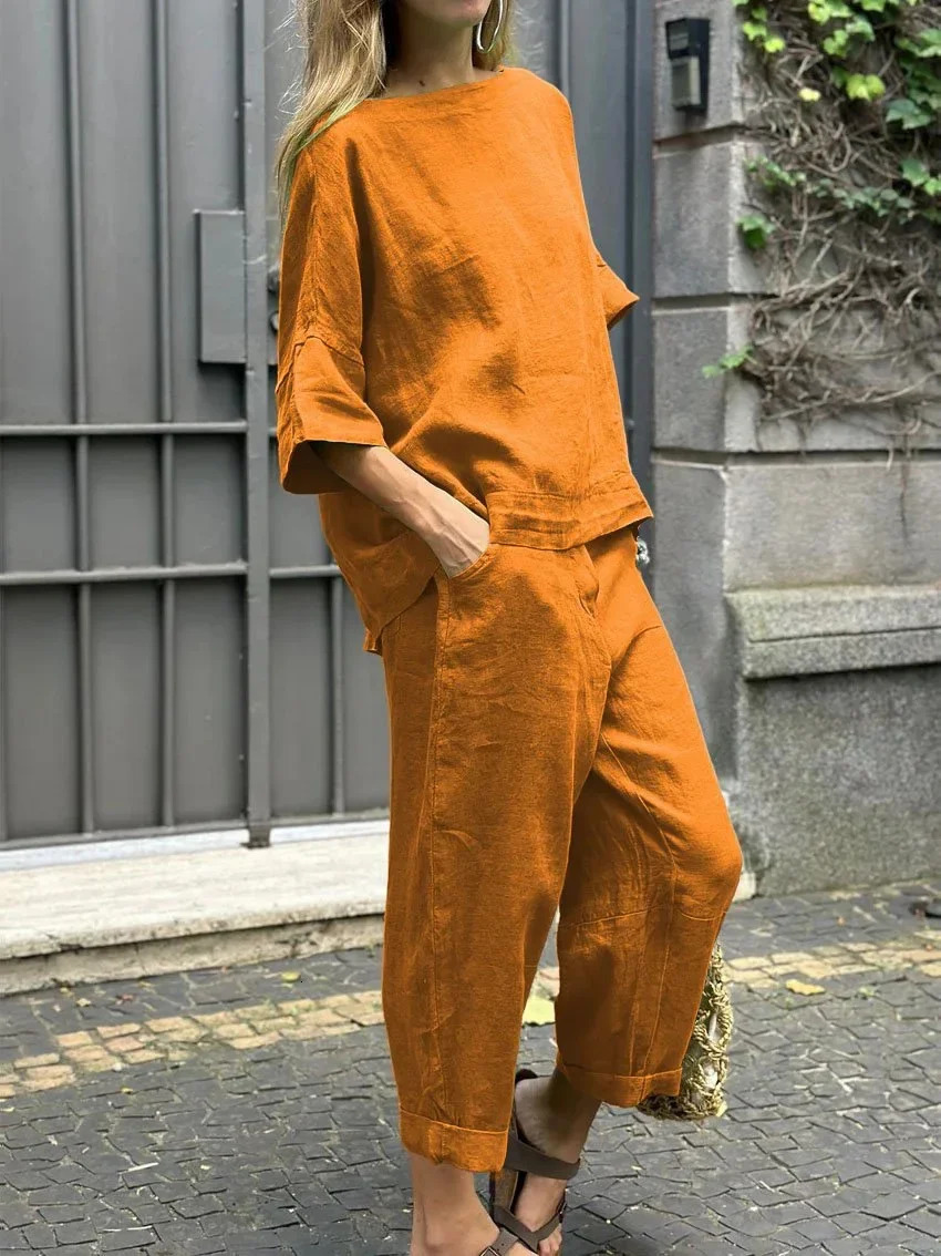 S-5XL Summer Womens 2-piece Plus-size Cotton and Linen Shirt High-waisted Pant Suit 2 Piece Sets Womens Outfits 260305