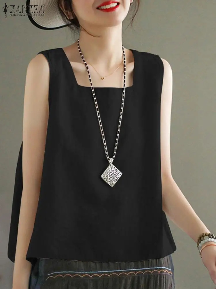 ZANZEA Summer Tanks Tops Women Square Neck Sleeveless Blouse Elegant Cotton Shirt Casual Solid Holiday Beach Blusas Female Tunic 260306