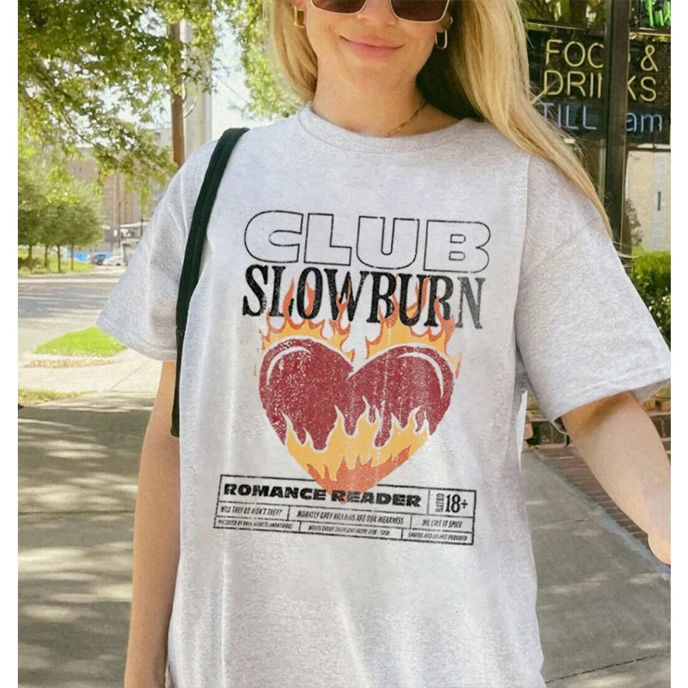 Slow Burn Book Club Shirt Bookish Shirt Romance Women Cotton Casual Loose Short Sleeve T Shirt Vintage O Neck Top Tee Clothes 260304