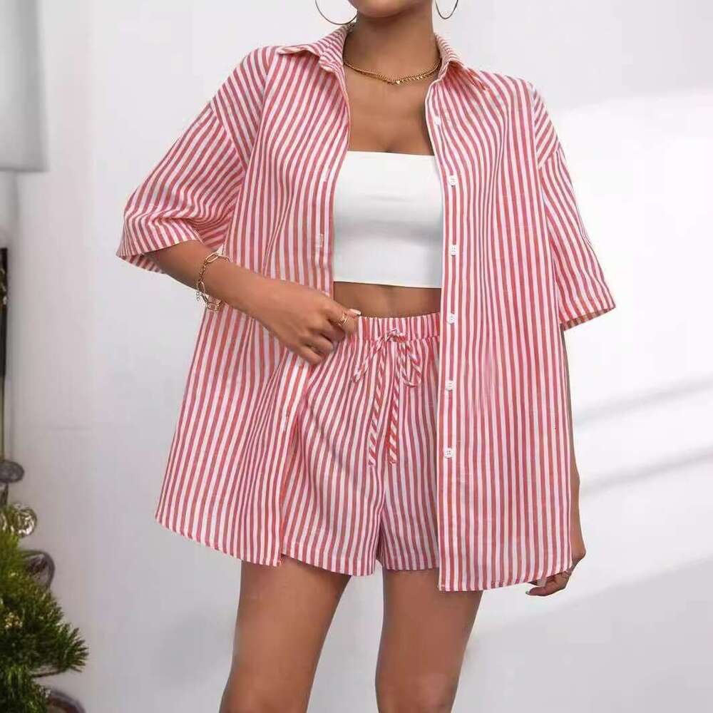 Spring summer cross-border European American women's clothing, new fashion striped short-sleeve shirt with collar and shorts casual two-piece set