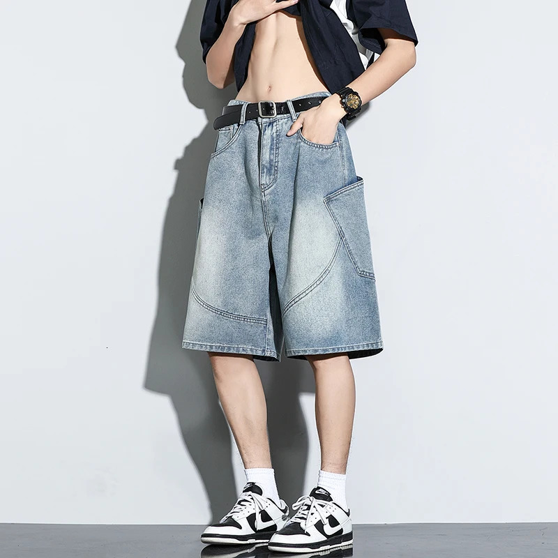 Summer Baggy Denim Shorts Fashion Casual Straight Harajuku Jeans Male Vintage Wash Drawstring Short Pants Streetwear 260306