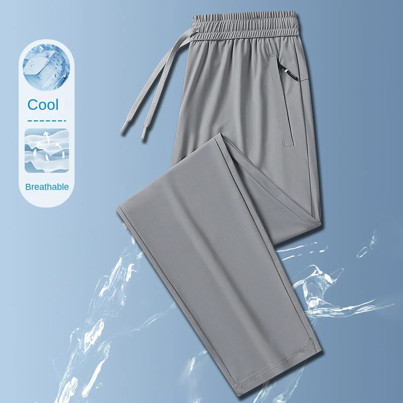 Ice Silk Mens trousers summer black-and-gray thin style business casual pants outdoor stretch breathable straight leg loos 260304