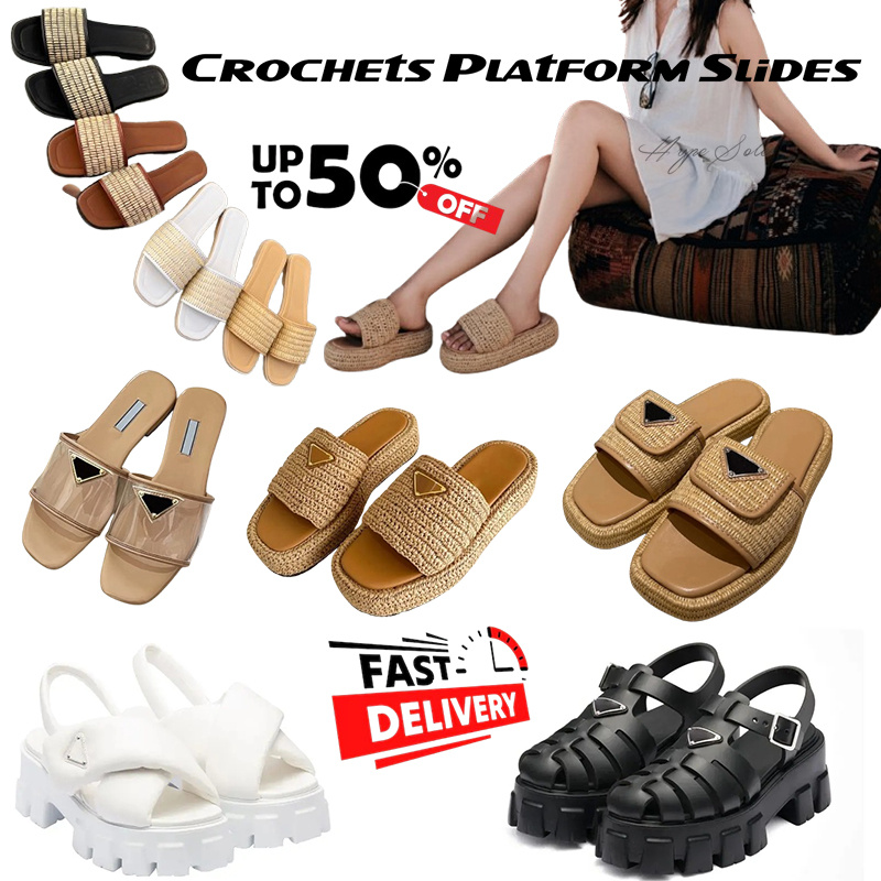 Designer Slippers Sandals Women Crochets Platform Slides Straw Weave Buckle Sliders Slipper Natural Black Womens Shoes Slide Summer Beach Sandal