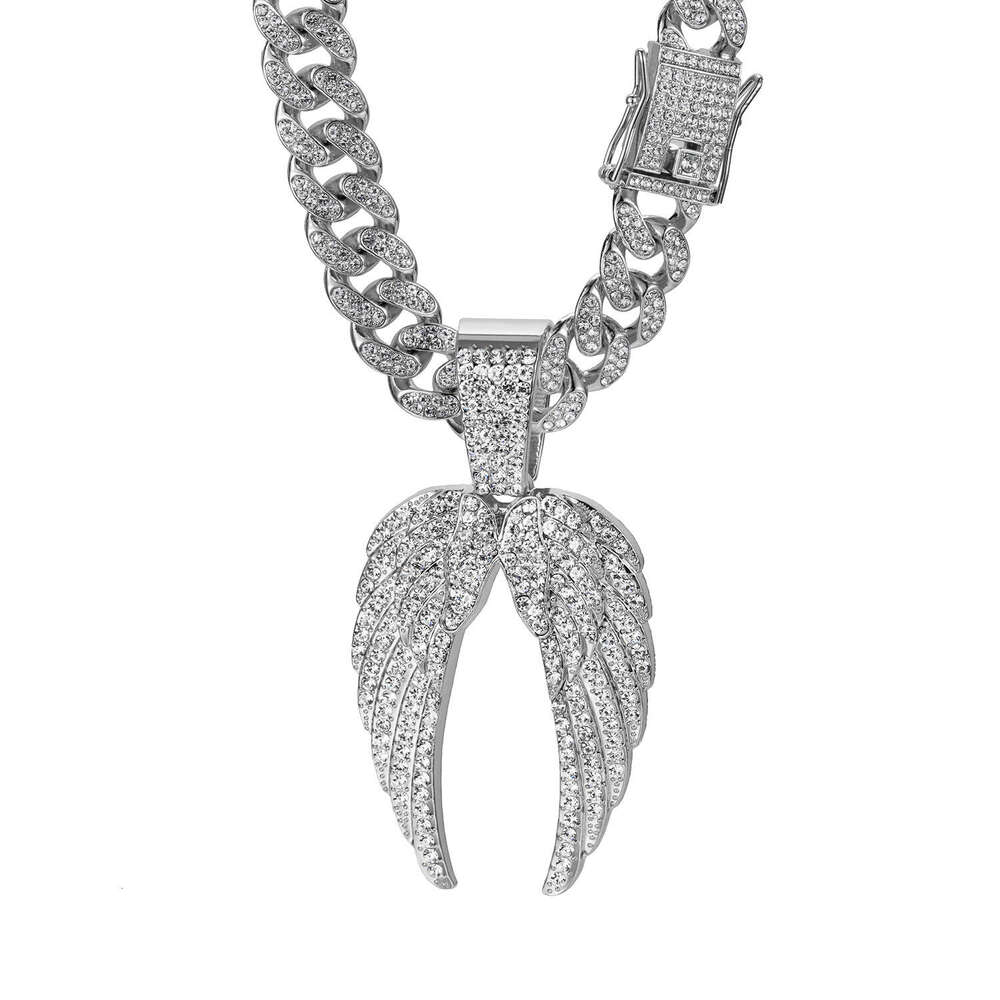 Amazon European and American Cross-Border Jewelry Hip-Hop Style Alloy Full Diamond Wing Pendant Cuban Chain High-Quality Accessories Factory