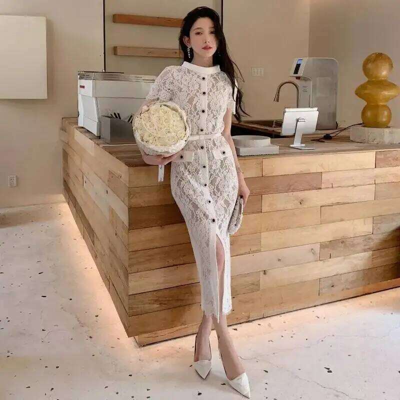 Luxury Summer Bead Crystal Sexy Perspective Eyelash Lace Long Dress Women Evening Short Sleeve Pencil Party Midi Dresses Mdng260306