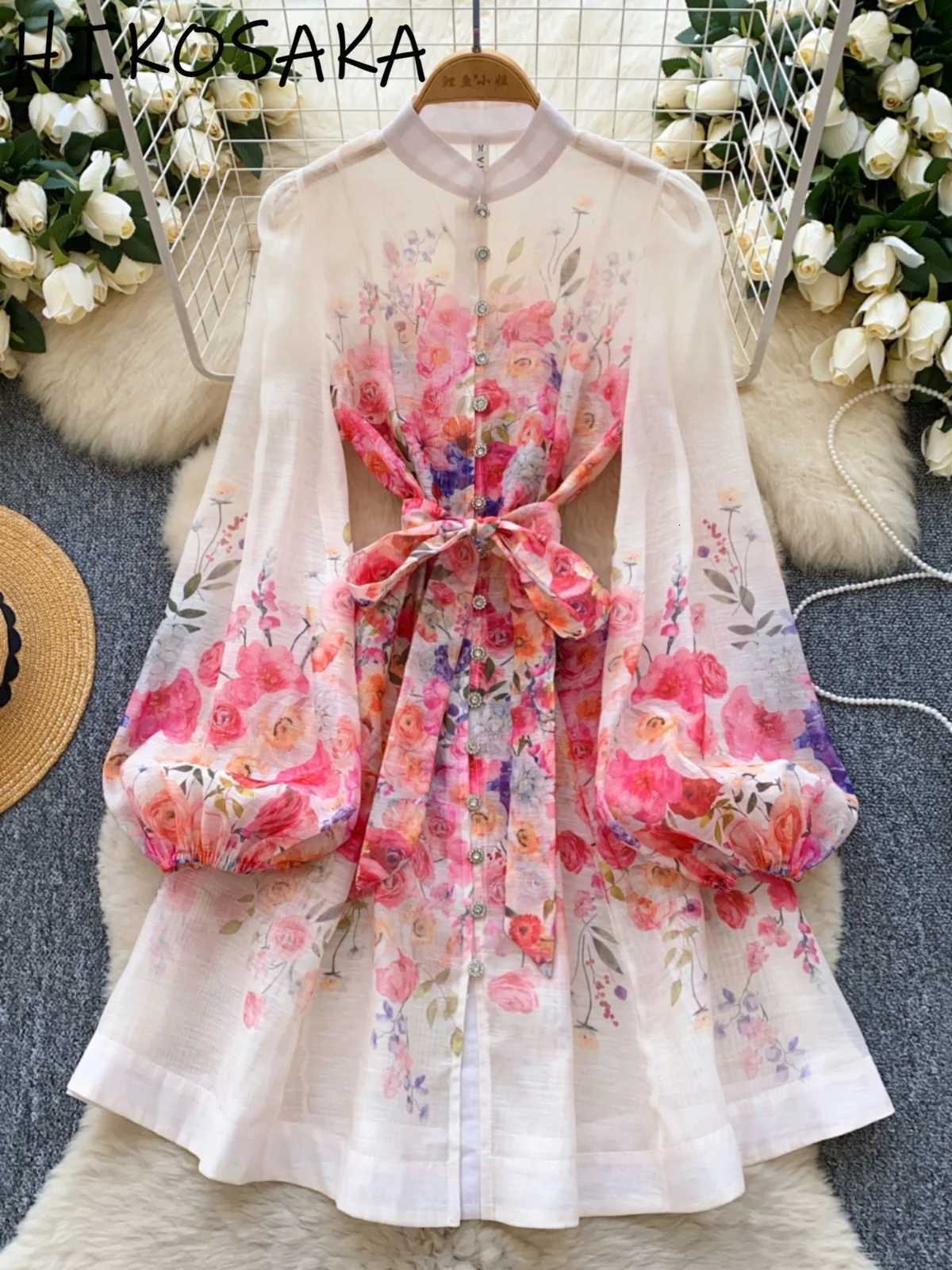 French Court Style Vintage Lantern Sleeve Dress Pearl Single Breasted Belt Slim Waist A-line Big Swing Robe Spring Chic Vestidos X260306