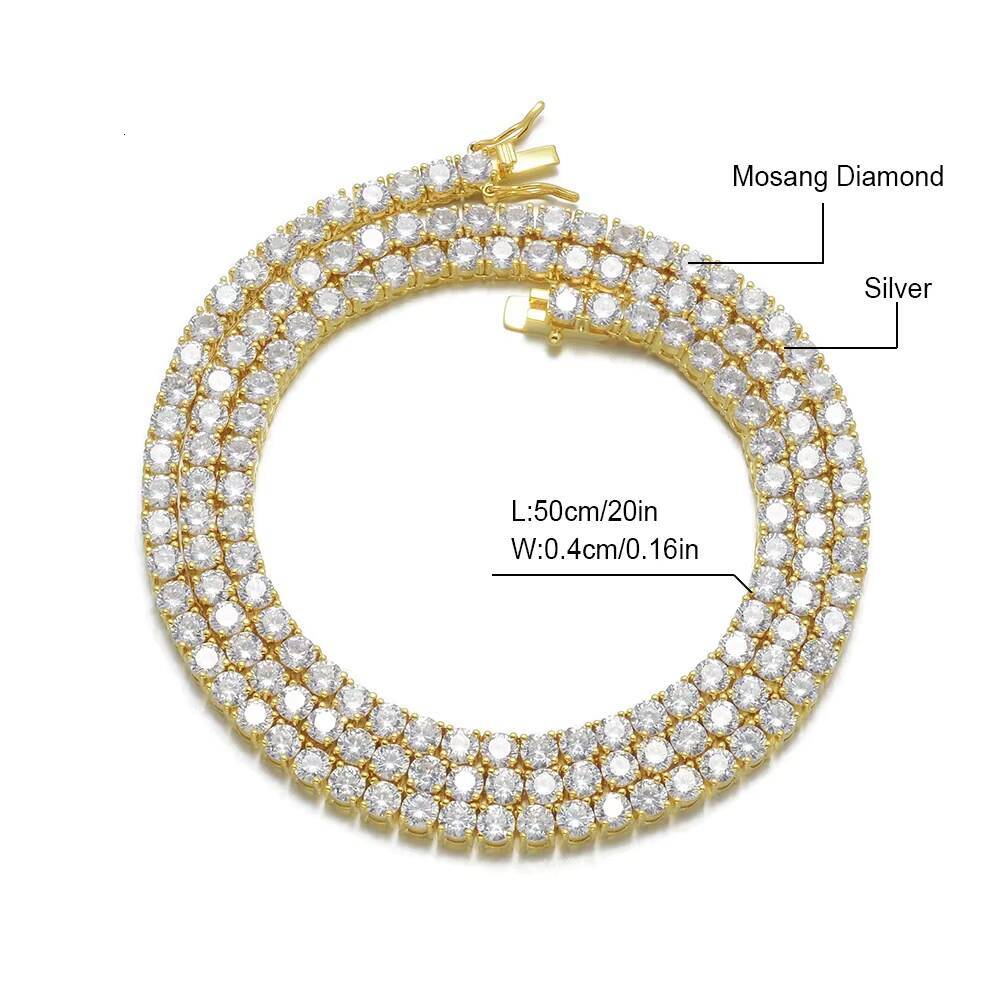 Hiphop Moissanite Jewelry 3mm/4mm 925 Silver D Color GRA Moissanite Tennis Chain Necklace for Men and Women