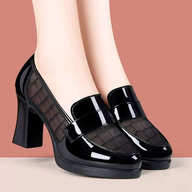 2025 Spring/Autumn Women's Mesh & Fashion High Heels - Hollow Out Leather Mid Soft Sole Chunky Heel Loafers