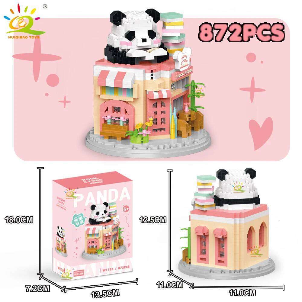 HUIQIBAO Moc Panda View Mini Building Blocks DIY City Street Coffee Shop Model Toys Home Ornaments Decoration Z260306