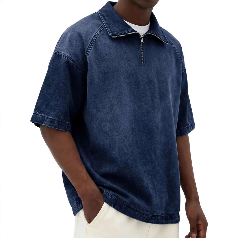 2026 European and American cross-border men's clothing, faux denim fabric, short-sleeved, turn-down collar, zipper - retro trendy fitted short-sl