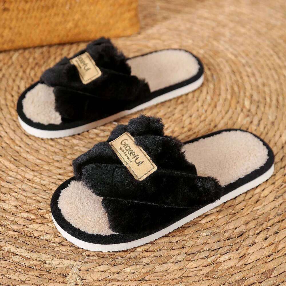 Litfun Winter Fluffy slippers For Women Open Toe Flat Bottom Home Slides New Warm Indoor Cotton Shoes Soft Sole Women's Slippers