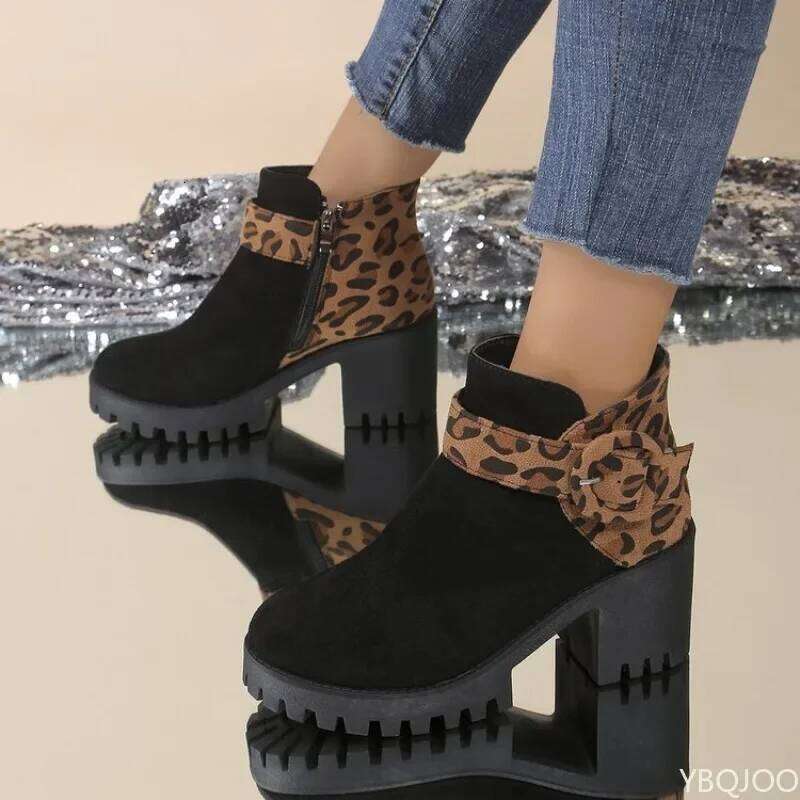 2026 Large Spring and Autumn Fashion New High Heels Thick Bottom Short Leopard Pattern Side Zipper Women's Boots