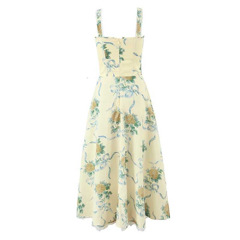 YENKYE 2025 Women Floral Print Fishbone Waist Spaghetti Straps Dress Summer Female Elegant Midi Long Party Dresses Holiday Robe X260306