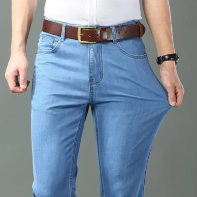 Ice Silk Thin Denim Jeans for Men Blue Straight Stretch Cotton Pant Business Casual Lightweight Trousers Spring Summer 260228