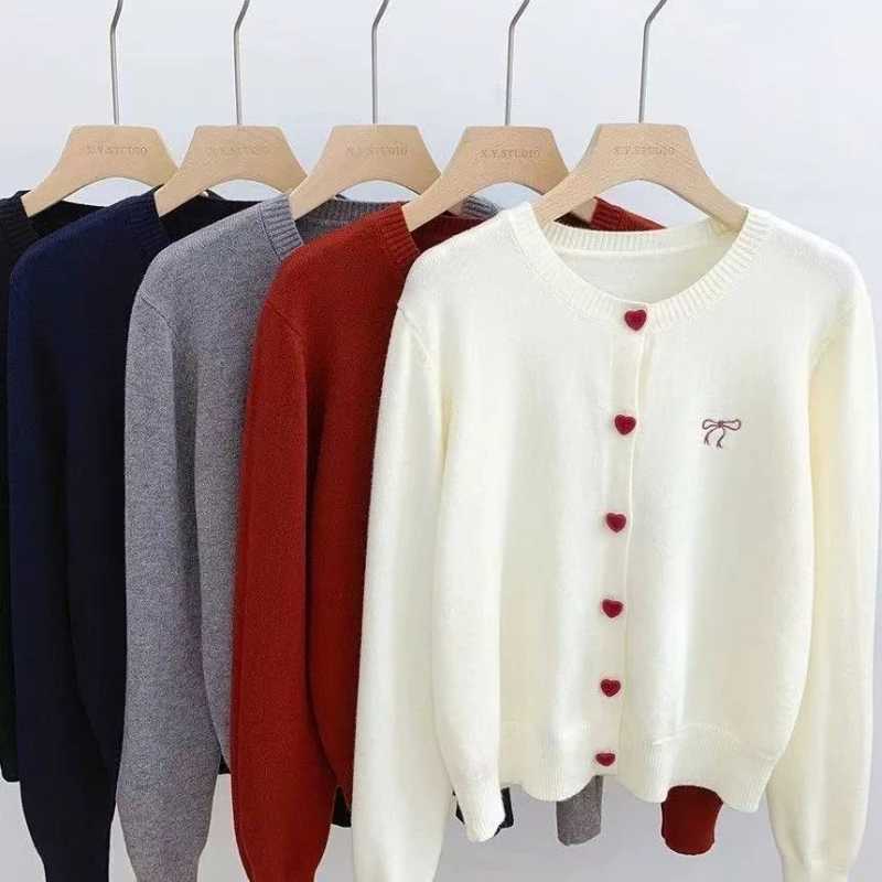 2026 Korean Casual Solid Knitting Tops Women Knitted Cardigan Bow Embroidery O-Neck Single Breasted Heart-shaped Button Sweater M260306