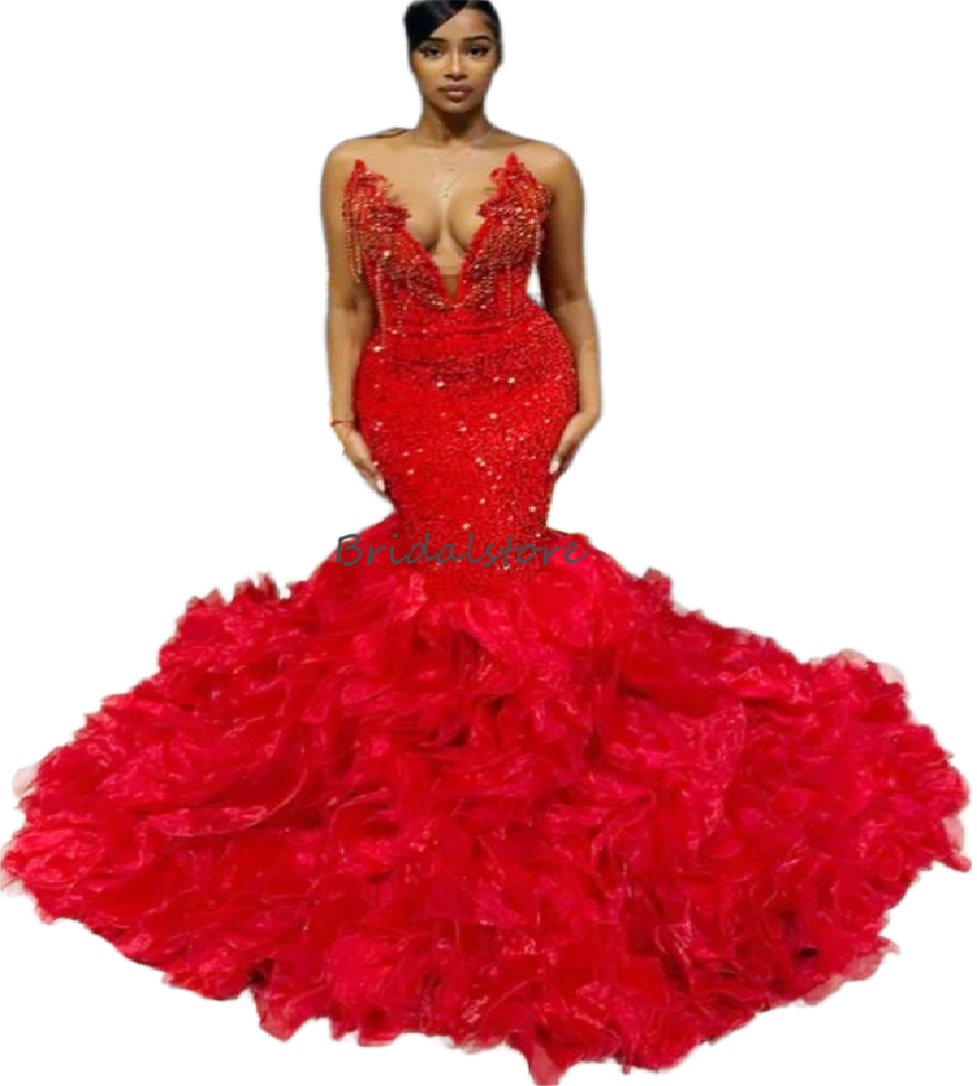 Luxury Red Prom Dresses 2026 Showstopping Mermaid Nigerian Evening Gowns Sweetheart Beaded Bottom Ruffles Formal Ceremony Party Dress Aso Ebi Special 