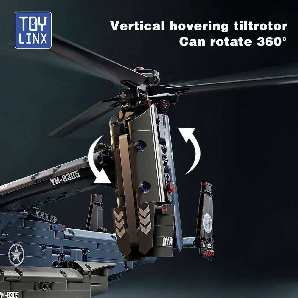 TOYLINX 1486pcs Tiltrotor Aircraft Building Blocks 360 Propeller Military Helicopter Block DIY Airplane Assembly Toy Z260305