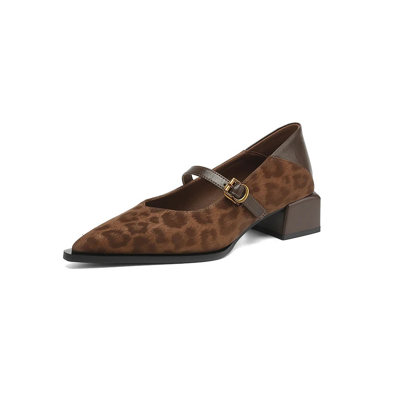 Vintage Pointed Toe Women Mary Jane Shoes Concise Shallow Buckle Shoes 2026 Spring Ladies Elegant Leopard Thick Heel Dress Shoes 260303