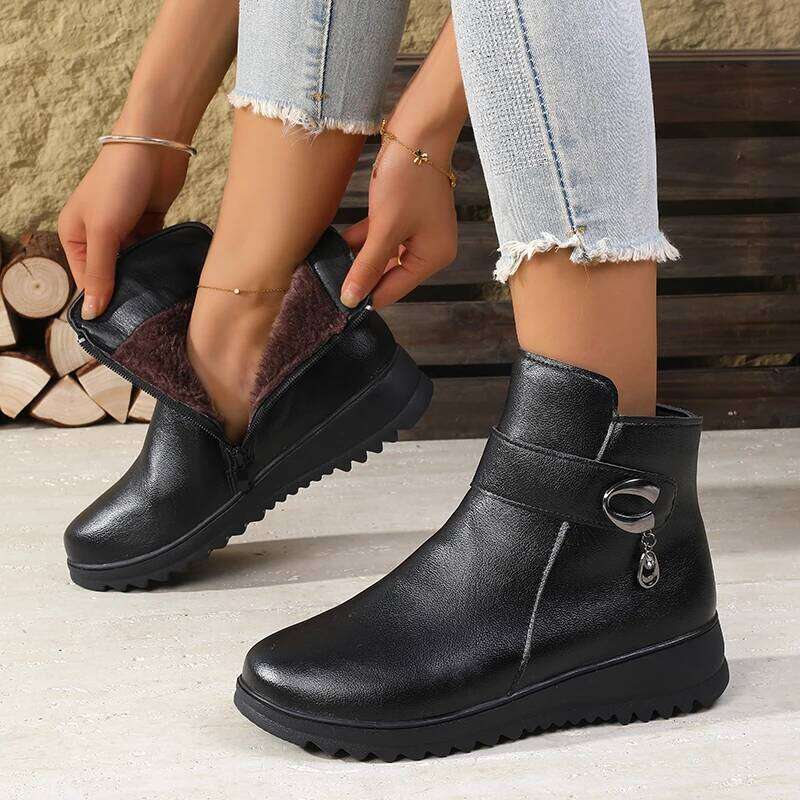 2025 Winter New Women's Ankle Boots - Side Zipper Plush Lined, Buckle Decor with Pendant, Non-Slip Wedge Heel, Warm & Elegant