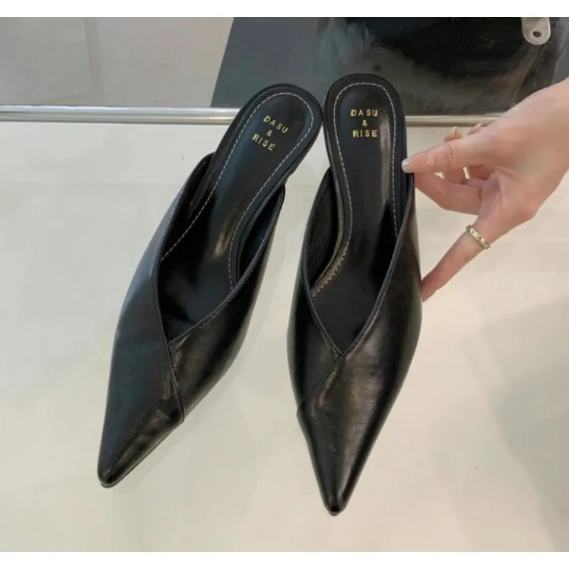 Pointed Slippers Women High Heels Summer Shoes Fashion Square Heel Slides Slip Loafers Mules Black Female Party Shoes 260303