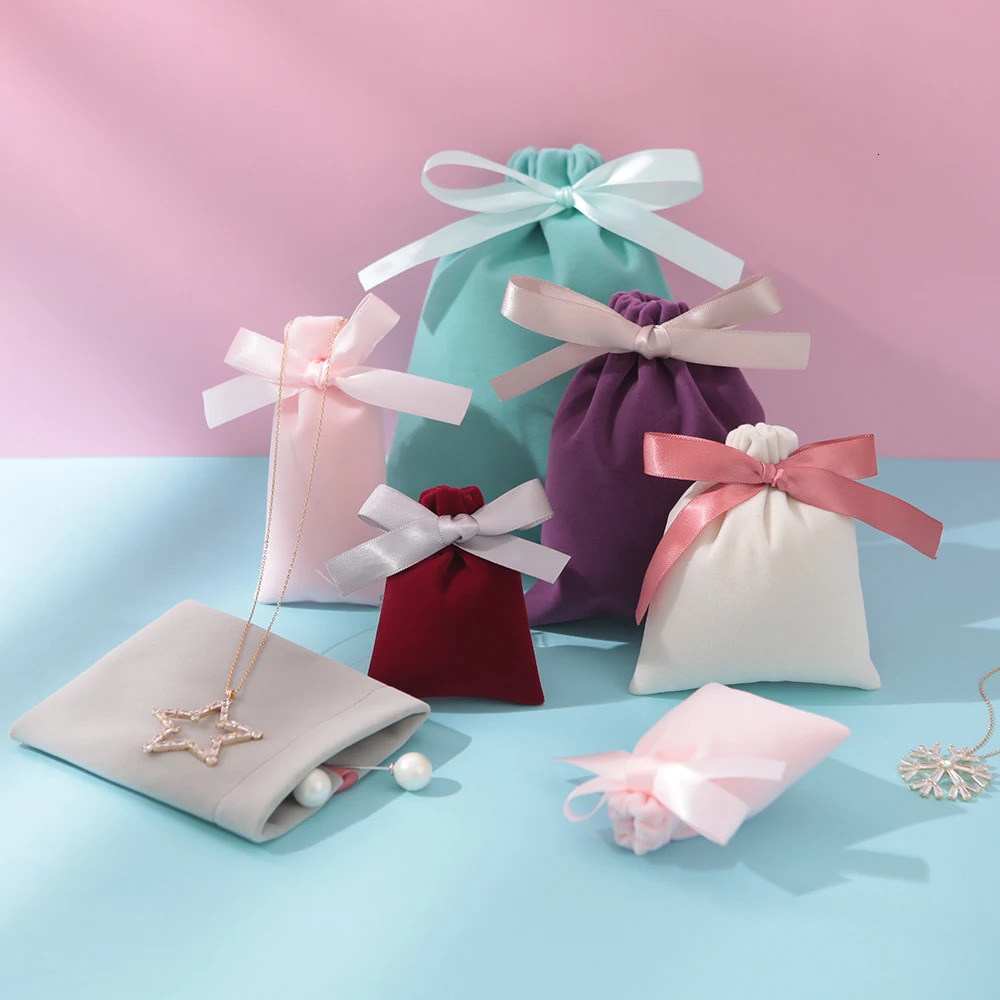 50pcs Jewelry Velvet Bags With Ribbon Flannel Pouches Wedding Candy Gift Packing Cosmetic Party Decoration extra fee Custom 260302