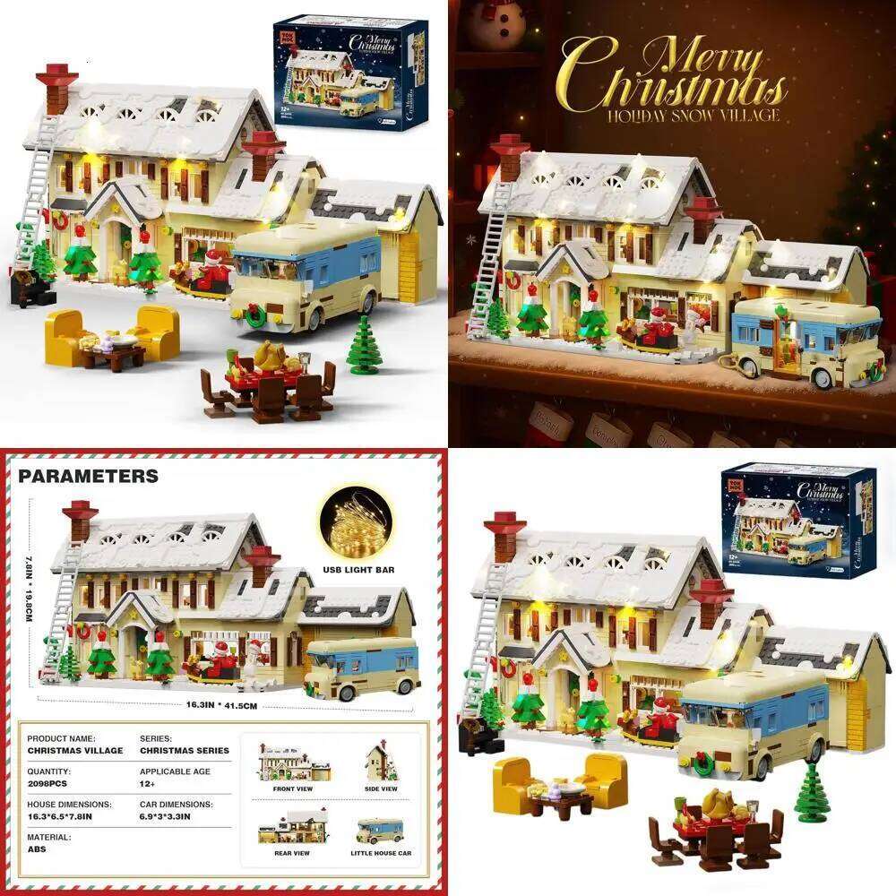 Christmas Village Building Kit with Lights, Snowy Cabin, Camper, 2098 Pieces, Holiday Scenery Toy for Adults Z260305