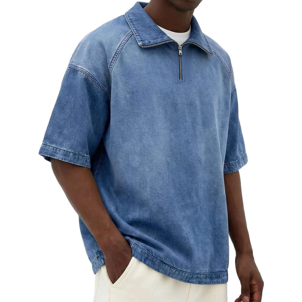 2026 European and American cross-border men's clothing, faux denim fabric, short-sleeved, turn-down collar, zipper - retro trendy fitted short-sl