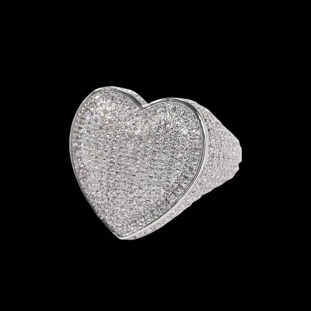 Street Fashion Hip Hop Ring Copper Inlaid with 3A MoissaniteVVS Big Love Heart Finger Ring Internet Celebrity Trendy Accessories