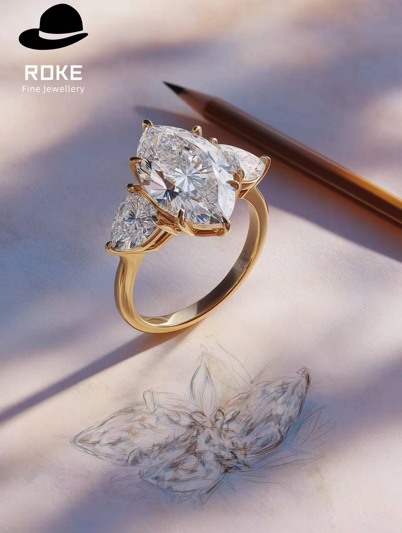 ROKE Custom 2ct Marquise 46mm Pear Lab Diamond Ring 9K/18K Gold/Platinum - Luxury Engagement Jewelry