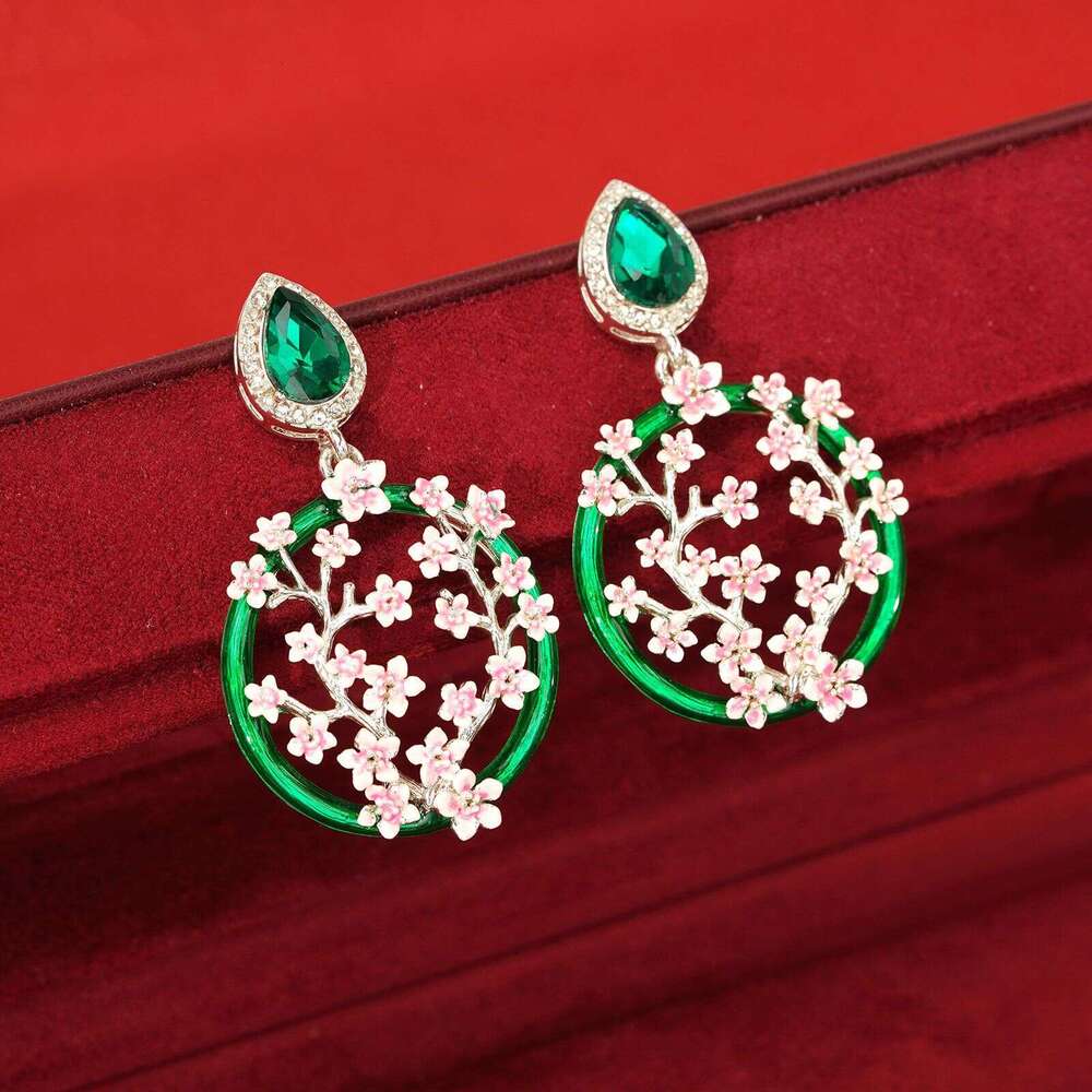 Vintage Enamel Plum Blossom Jewelry Set Open Ring Silver Stud Earrings Light Luxury Simple Choker Necklace Accessories High-Quality