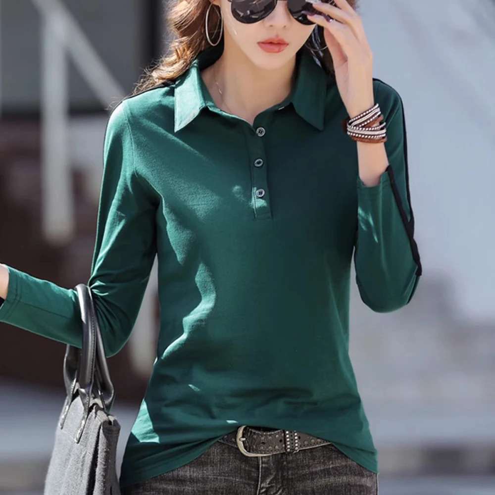European Station Long sleeved Tshirt Womens Summer Fashion Light Pure Cotton Polo Neck Casual Large Size Loose Top 260228